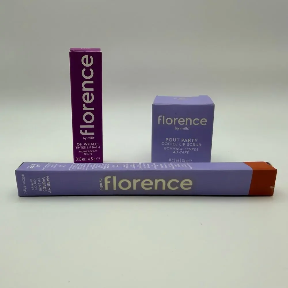 Florence by Mills 3 Piece Lip Set Tinted Balm Lip Liner Coffee Scrub